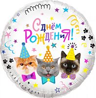Воздушный шар фольгированный Круг С Днем Рождения (кошечки)