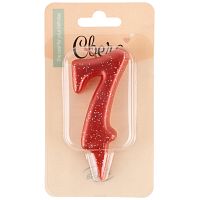 Свеча для торта Овал цифра 7, красный с блестками, 4*8см