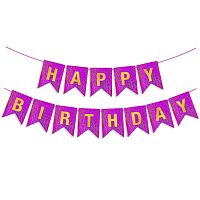 Гирлянда Флажки Happy Birthday, фуше/золото, голография, 350см, 17*12см