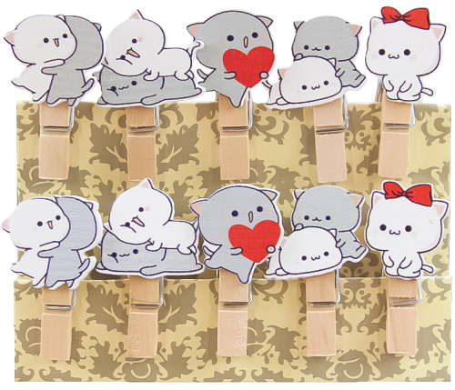 Декоративные мини прищепки Влюбленные Котики, 3,5 см, ассорти, 10 шт