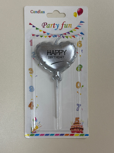 Свеча для торта Сердце Серебро "Happy birthday"