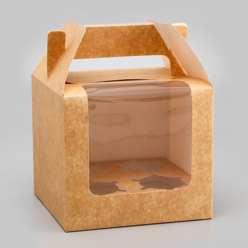 Коробка для 4 капкейков, крафт 16×16×14 см фото 2