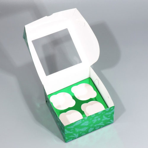 Коробка для 4 капкейков новогодняя с окном Веточки, 16х16х10см, металлик фото 2