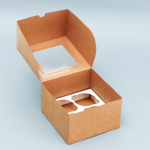 Коробка для 4 капкейка с окном, крафт, 16 х 16 х 10 см фото 2