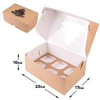 Коробка для 6 капкейков Ёлочка, крафт, с окном