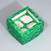 Коробка для 4 капкейков новогодняя с окном Веточки, 16х16х10см, металлик