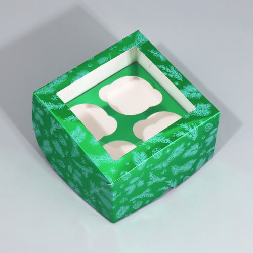 Коробка для 4 капкейков новогодняя с окном Веточки, 16х16х10см, металлик