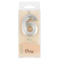 Свеча Цифра, 6 Грани, Серебро, Металлик, 4,2*6 + 4,5 см