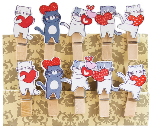 Декоративные прищепки, Котики с сердечками, 3,5 см, Ассорти, 10шт