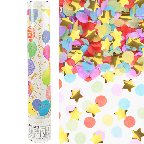 Хлопушка 30см, Воздушные шары, звезды фольга и круги тишью, золото, металлик