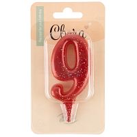 Свеча для торта Овал цифра 9, красный с блестками, 4*8см