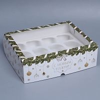 Коробка для 12 капкейков с окном С Новым годом!, 32.5х25.5х10см