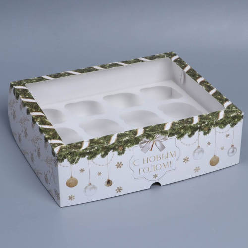 Коробка для 12 капкейков с окном С Новым годом!, 32.5х25.5х10см