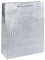 Пакет подарочный, Текстура кожи, Серебро, Металлик, 23*18*8см