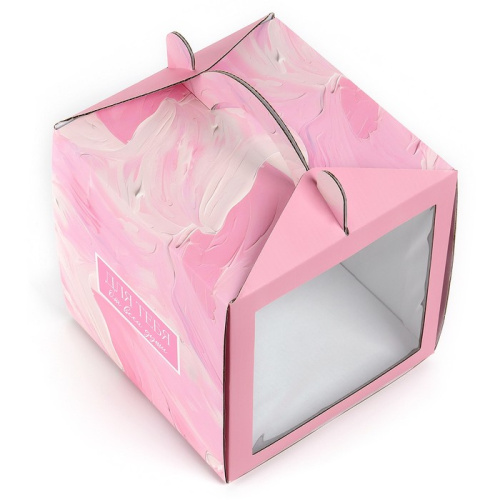Коробка для торта 20x20x20 см с окном, сундук, Нежные краски фото 3