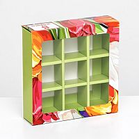 Коробка для 9 конфет с обечайкой, « 8 марта» 13.8×13.8×3.8
