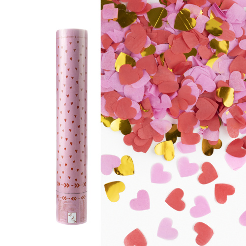 Хлопушка 30см, Сердца фольга и тишью, Красный/Розовый, Металлик