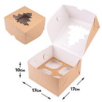Коробка для 4 капкейков Ёлочка, крафт, с окном