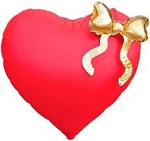 Воздушный шар фольгированный Сердце с золотым бантом, красный