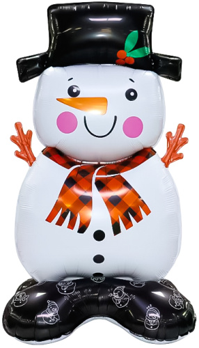 Шар фольгированный 3D Фигура на подставке, Снеговик в цилиндре (воздух)