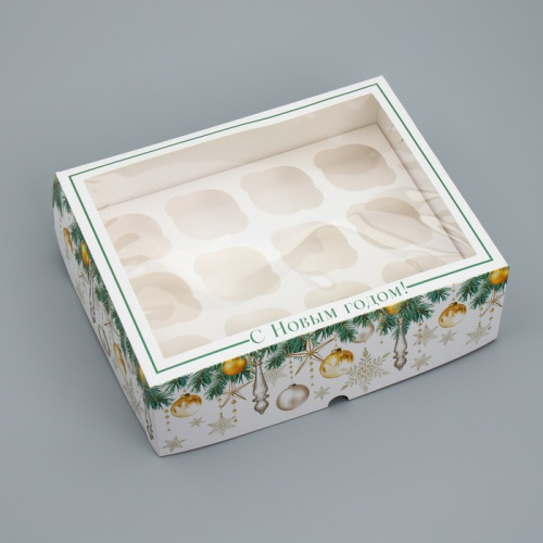 Коробка для 12 капкейков с окном С Новым годом!, 32.5х25.5х10см